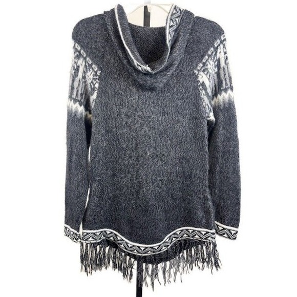 Kenelma Peru 100% Alpaca Wool Tribal Fringe Hoodie‎ Sweater Women's Size Small - Picture 2 of 5